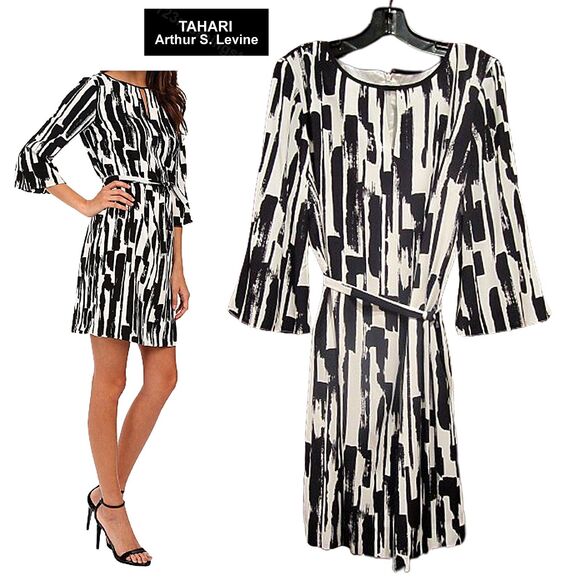 TAHARI by ASL NEW JENNI Keyhole Paint-Splatter Motif 3/4-Bell-Sleeve Dress 12 - Picture 1 of 12
